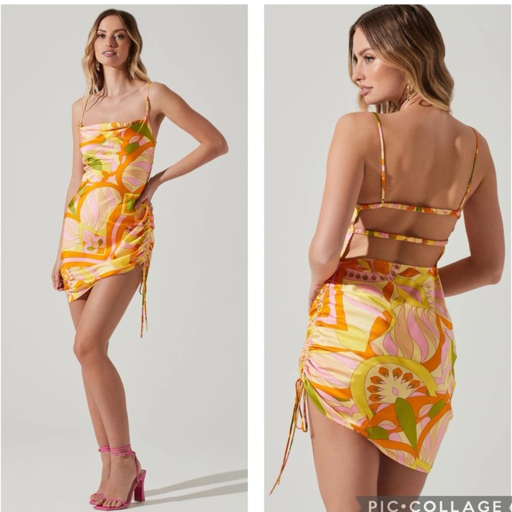 ASTR The Label Damita Ruched Mini Dress Pink Orange Multi L